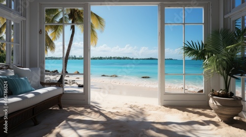 The view from the open window overlooks the white sandy beach