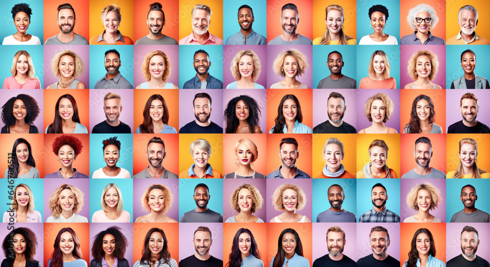 © Victor - Photo collage portrait of multiracial smiling people with different ages looking at camera. Mosaic of happy modern faces.