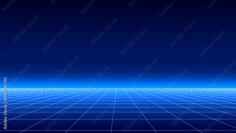 © Mykola - Technology background perspective retro grid. Futuristic cyber surface 80s - 90s styled. Vector blue mesh on colors background. Digital space wireframe landscape.