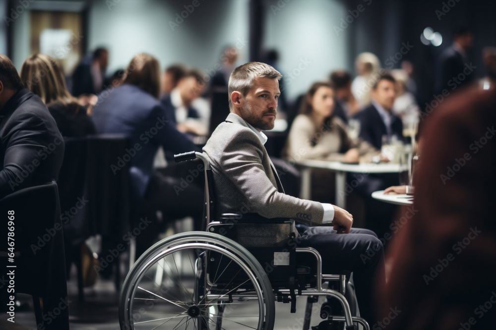Fototapeta premium Business man male lifestyle caucasian businessteam disability mobility businessman chair sitting wheelchair urban