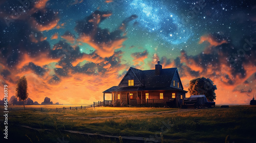 landscape panorama lonely house cottage under the starry sky.