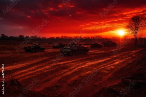 red sky sunset in the village with the army team with weapons