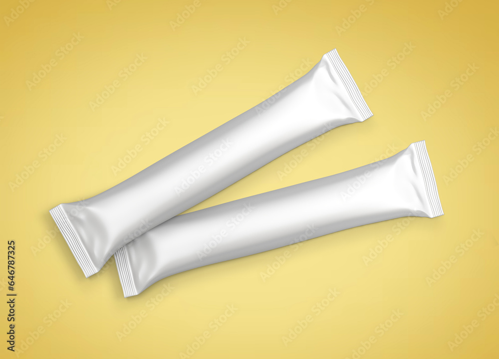 Two stick sachet mockup for instant coffee, sugar and confectionery products, Isolated on a golden background with clipping path. #mockup Two stick sachet mockup for instant coffee, sugar and confectionery products, Isolated on a golden background with clipping path. #mockup