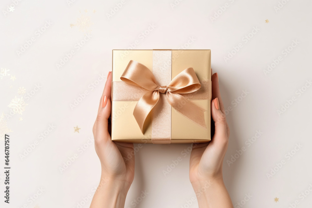 Overhead view of a woman holding a christmas present with ribbon bow Overhead view of a woman holding a christmas present with ribbon bow