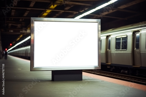 An empty blank billboard or advertising poster in an urban underground subway train station