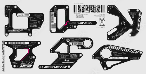 cyber decal collection vector, futuristic label, sticker, panel etc. abstract circuit board style frame layout. Japanese translation: "力 for power and エンジン for engine".