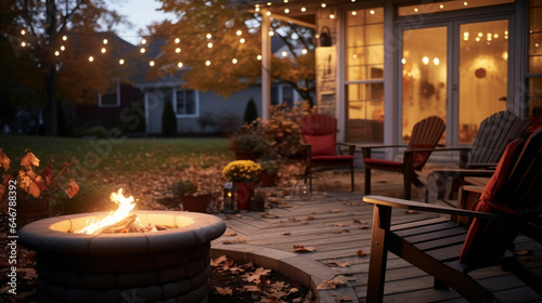 Cozy autumn patio fire with chairs. Late night by the fire pit and fairy lights in background