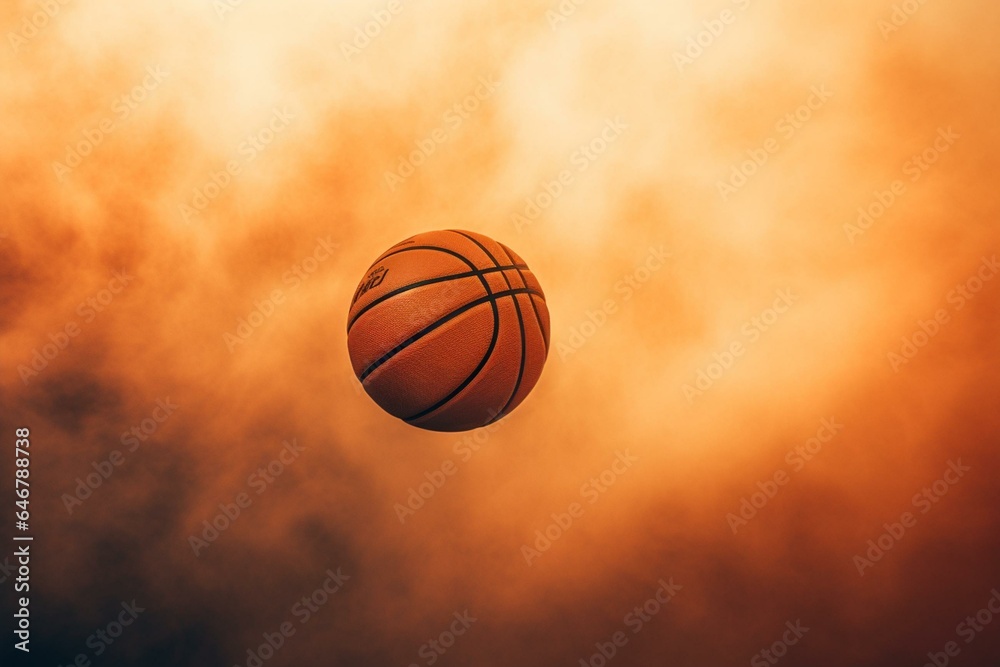 Basketball floating over a colorful misty backdrop. Generative AI