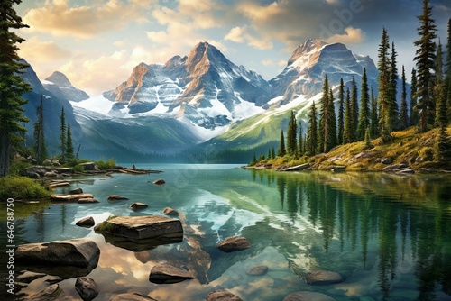 Breathtaking landscape featuring a serene lake and majestic mountains. Generative AI