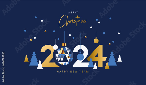 Merry Christmas and Happy New Year banner, greeting card, poster, holiday cover. Modern Xmas design in geometric style with triangle pattern, Christmas tree, ball, snow and 2024 number on night blue  photo