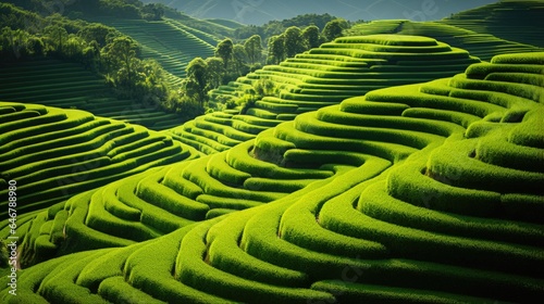 Top view of fresh green rice fields. Rice Terrace