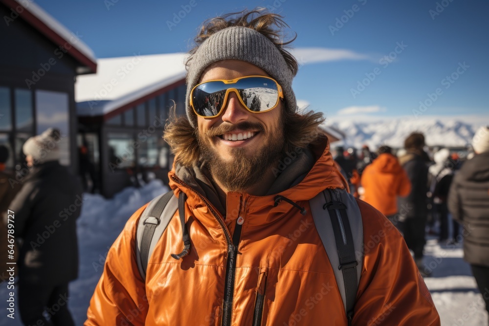 portrait of a young man in sunglasses in a ski resort