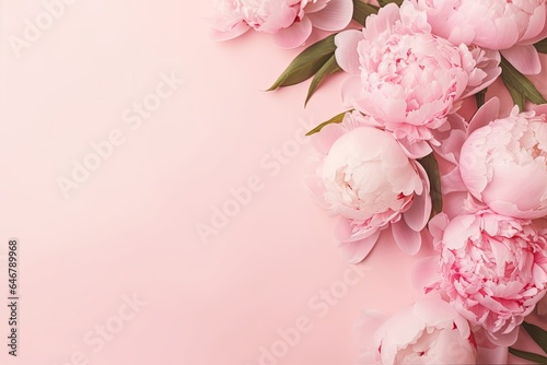 Tender peonies on pink background with copy space. Abstract natural floral frame layout with text space. Romantic feminine composition. Women day, Mother Day, Generative AI