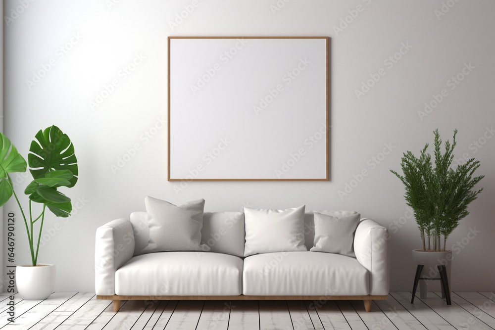 Fototapeta premium Modern Aesthetic Interior Design with Small Blank Poster Created with Generative AI