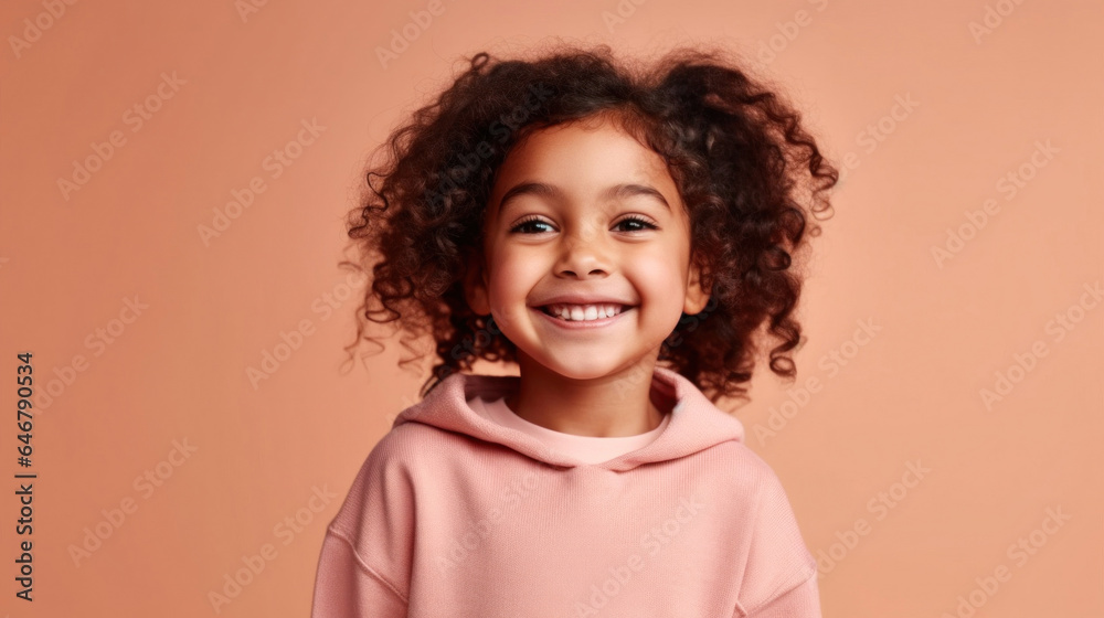 Smiling African American toddler girl in a joyful portrait against a pastel studio background. Generative AI Smiling African American toddler girl in a joyful portrait against a pastel studio background. Generative AI