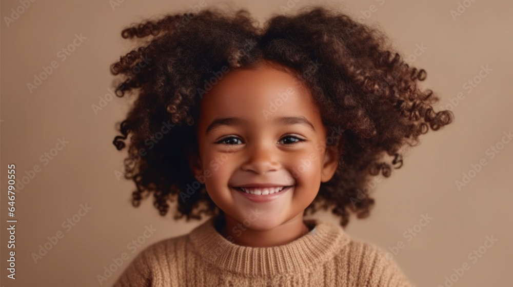 Portrait of a joyful little girl in neutral clothing against a studio background of beige-pink hues. Generative AI Portrait of a joyful little girl in neutral clothing against a studio background of beige-pink hues. Generative AI