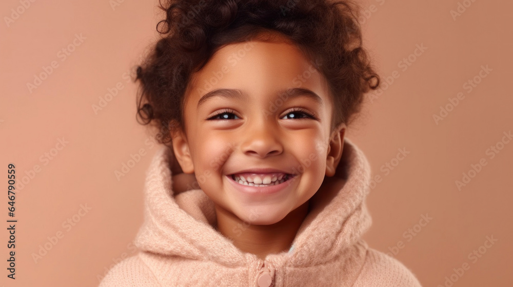 Beaming African American toddler girl in neutral attire poses against a light pink backdrop. Generative AI Beaming African American toddler girl in neutral attire poses against a light pink backdrop. Generative AI