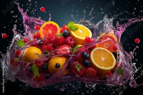 Dynamic vibrant liquid splashing showcasing fruity flavors. Generative AI