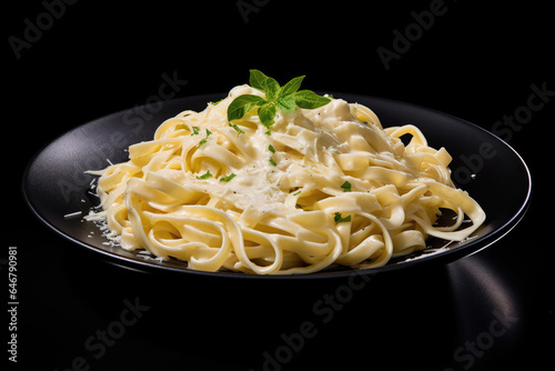Dish of fettuccine alfredo with parmesan cheese