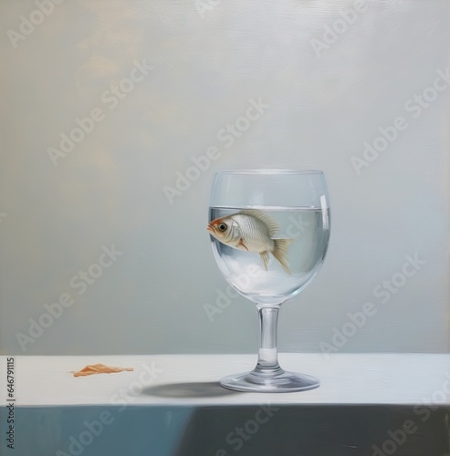 Goldfish in a glass of water on a white table against a gray wall