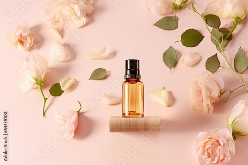 Wooden podium with amber glass dropper bottle on trendy pastel beige background with flower buds, leaves, petals. Abstract cosmetics composition with roses. Summer, aroma water, Generative AI
