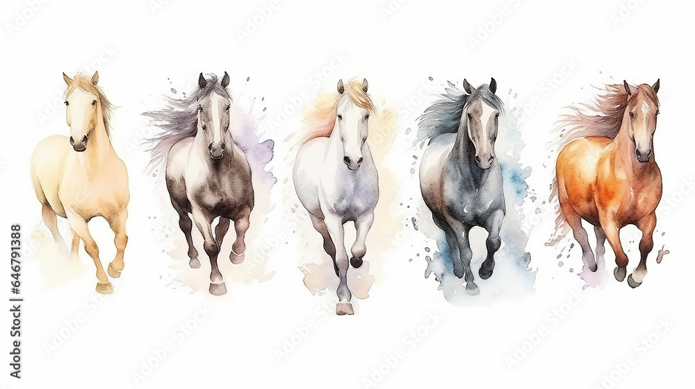 Fototapeta premium Collection of running horses on a white background watercolor drawing.