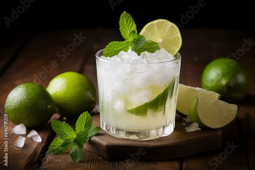 Refreshing non-alcoholic tropical beverage with coconut, lime, mint, and sweet syrup, resembling a coconut-infused mojito or lemonade mixed with rum or vodka. Generative AI