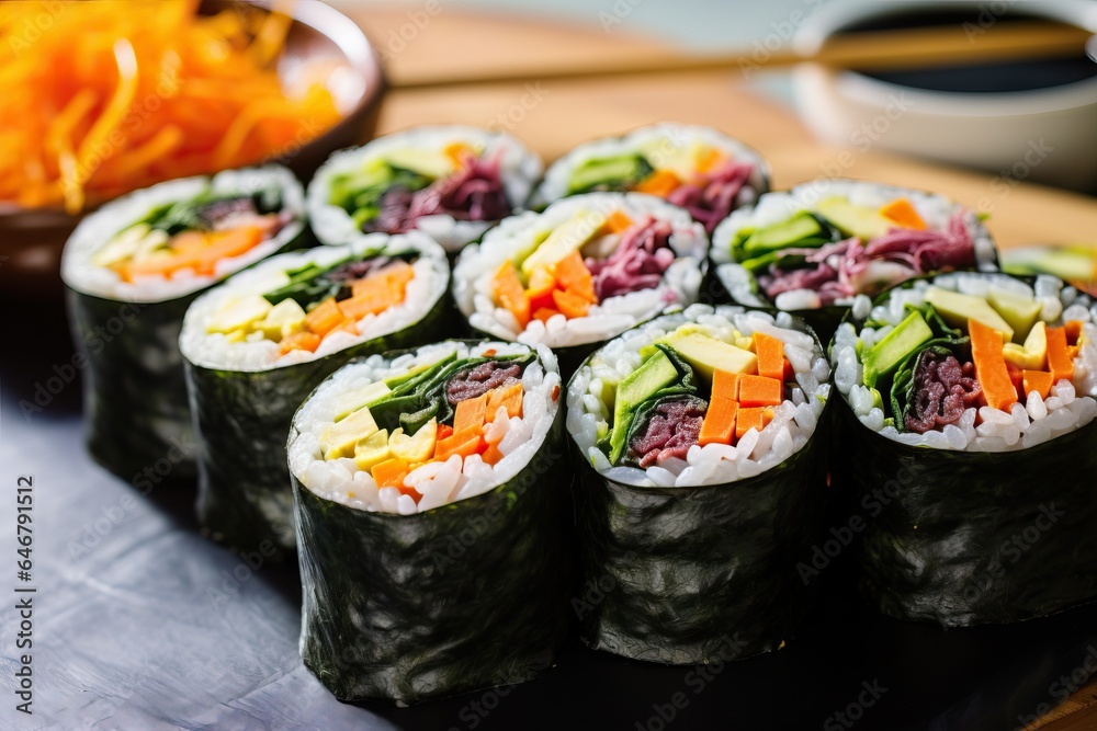 A vibrant and appetizing platter of gimbap or kimbap, showcasing the colorful and neatly rolled seaweed-wrapped rice rolls filled with an assortment of fresh vegetables, meat, and pickled ingredients. A vibrant and appetizing platter of gimbap or kimbap, showcasing the colorful and neatly rolled seaweed-wrapped rice rolls filled with an assortment of fresh vegetables, meat, and pickled ingredients.