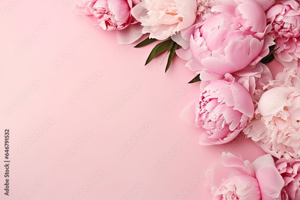 Tender peonies on pink background with copy space. Abstract natural floral frame layout with text space. Romantic feminine composition. Wedding invitation. Women day, Mother Day, Generative AI