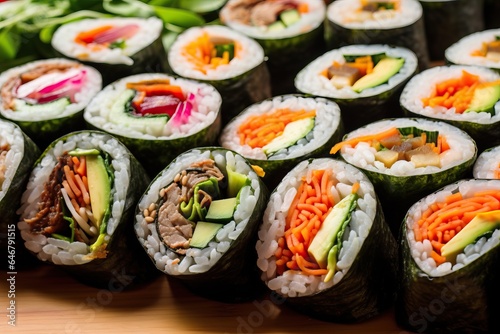 A vibrant and appetizing platter of gimbap or kimbap, showcasing the colorful and neatly rolled seaweed-wrapped rice rolls filled with an assortment of fresh vegetables, meat, and pickled ingredients.