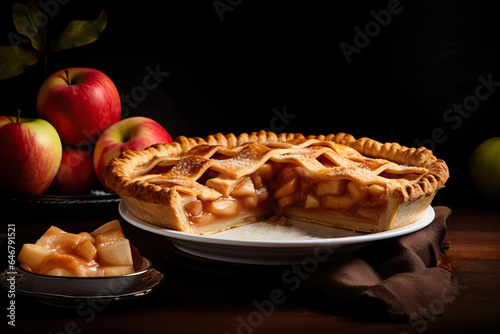apple pie, with its aromatic aroma permeating the air, presenting a harmonious blend of tender apples, sweet spices, and a heavenly crust, promising a slice of pure indulgence.