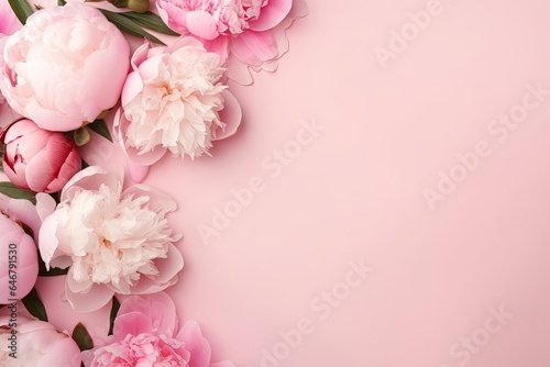 Tender peonies on pink background with copy space. Abstract natural floral frame layout with text space. Romantic feminine composition. Wedding invitation. Women day, Mother Day, Generative AI © Visual Vortex