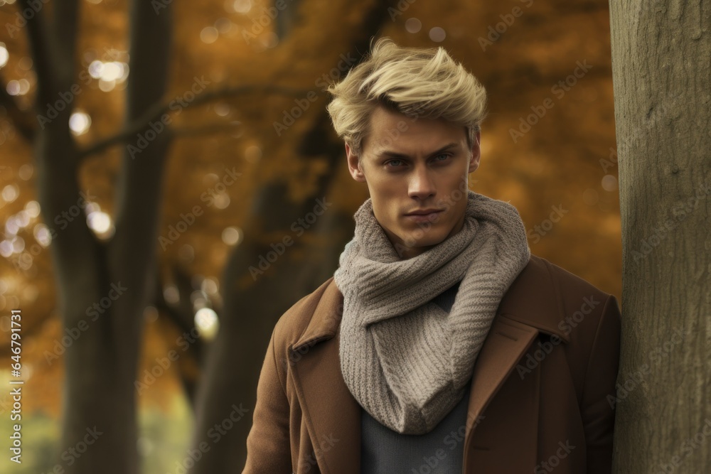 Portrait of a Elegant Young Fictional Nordic Man Model in Casual Chic Fall Season Clothes. Generative AI. Portrait of a Elegant Young Fictional Nordic Man Model in Casual Chic Fall Season Clothes. Generative AI.