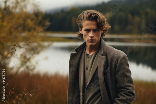 Portrait of a Elegant Young Fictional Swedish Male Model in Casual Chic Clothes. Generative AI.