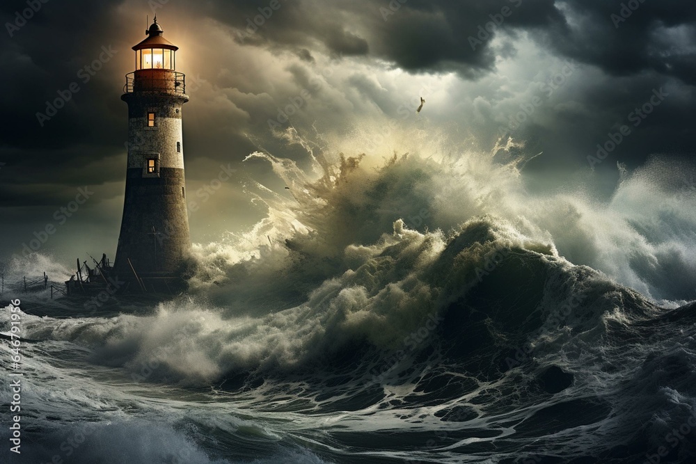 A view of a lighthouse amidst a stormy atmosphere. Generative AI