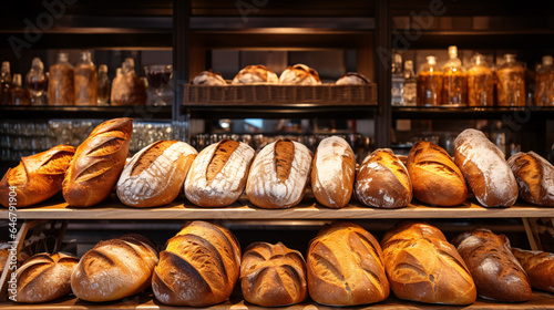 Within the cozy bakery, a delightful array of diverse bread loaves graces the shelves, tempting the senses.