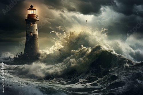 A view of a lighthouse amidst a stormy atmosphere. Generative AI © Cybele