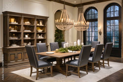 A luxurious dining room with a large wooden table and eight chairs, rustic finish, candles. The chairs are upholstered in gray fabric and have a modern design, bookcase, crystal chandeliers