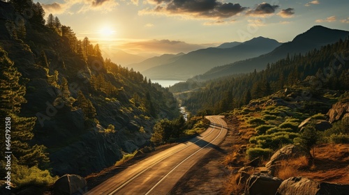 Top view of mountain road in forest at sunset © MBRAMO