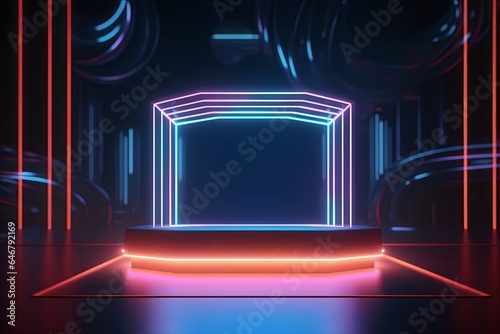 Abstract podium. Blue, orange, pink colored neon lights. Modern backdropAbstract neon podium. Blue, orange, pink colored neon lights. Modern metaverse, Generative AI