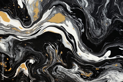 Acrylic paint abstract background. Mixture of white, black and golden paints making mysteries backplate. Pattern made by swirls of oil painting imitating marble, Generative AI