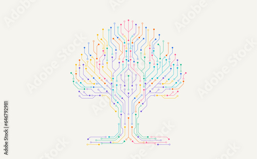 Technology big data tree network. Digital circuit board internet connection. Hi-tech