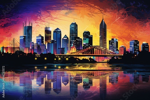 multicolored layers outline Brisbane skyline with gradient landmarks. Generative AI