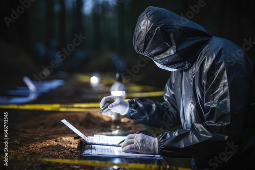 Medical examiner wearing an uniform doing his forensic job in a crime scene photo
