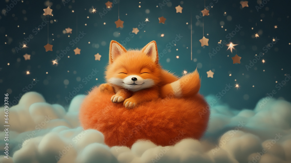 Fototapeta premium a baby fox cub sleeps on a cloud among the stars.
