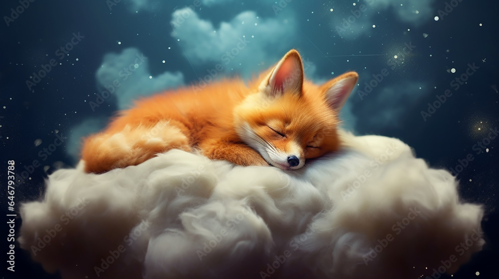 a baby fox cub sleeps on a cloud among the stars.