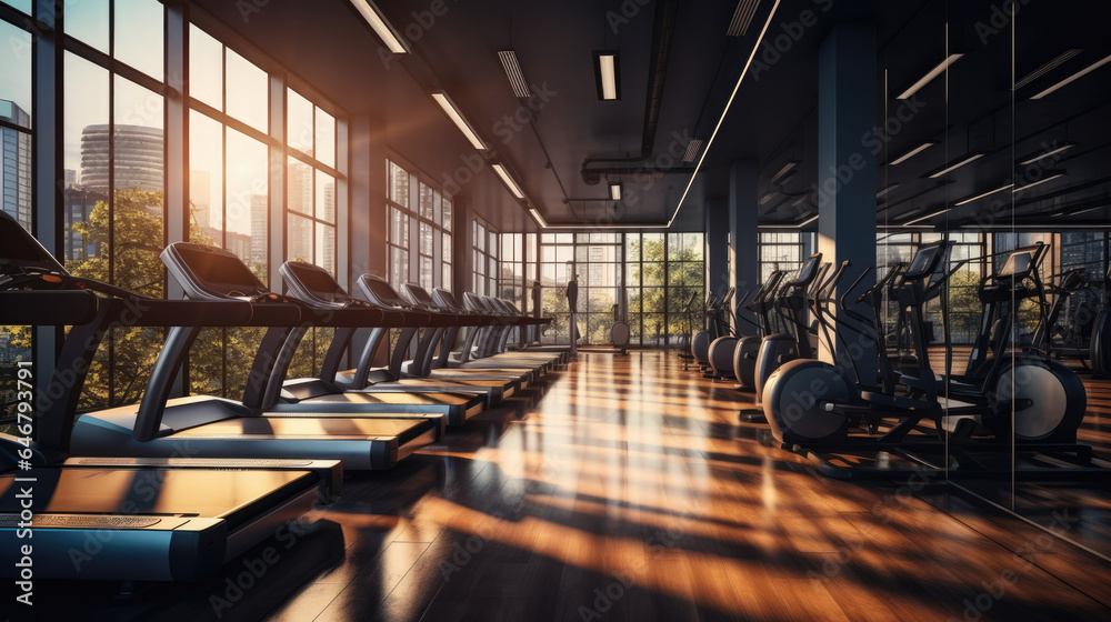 Interior of a modern gym with sports and fitness equipment and panoramic windows, fitness center, interior gym with a workout room with treadmills on a sunny day in the morning - obrazy, fototapety, plakaty 