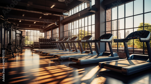 Interior of a modern gym with sports and fitness equipment and panoramic windows, fitness center, interior gym with a workout room with treadmills on a sunny day in the morning