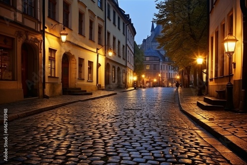 Evening street in Prague with paved stones. Generative AI