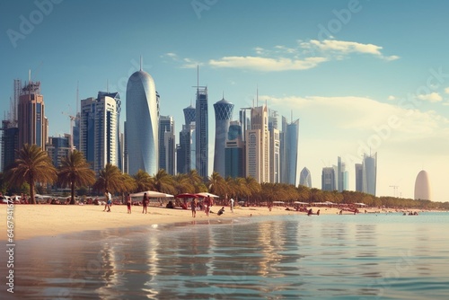 Early morning view of Doha skyline. Doha Corniche Beach. Generative AI